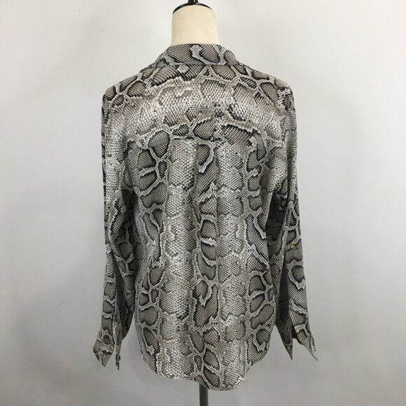 MICHAEL KORS Taupe Black White Snake Print Logo Zip Blouse Shirt - Picture 9 of 11